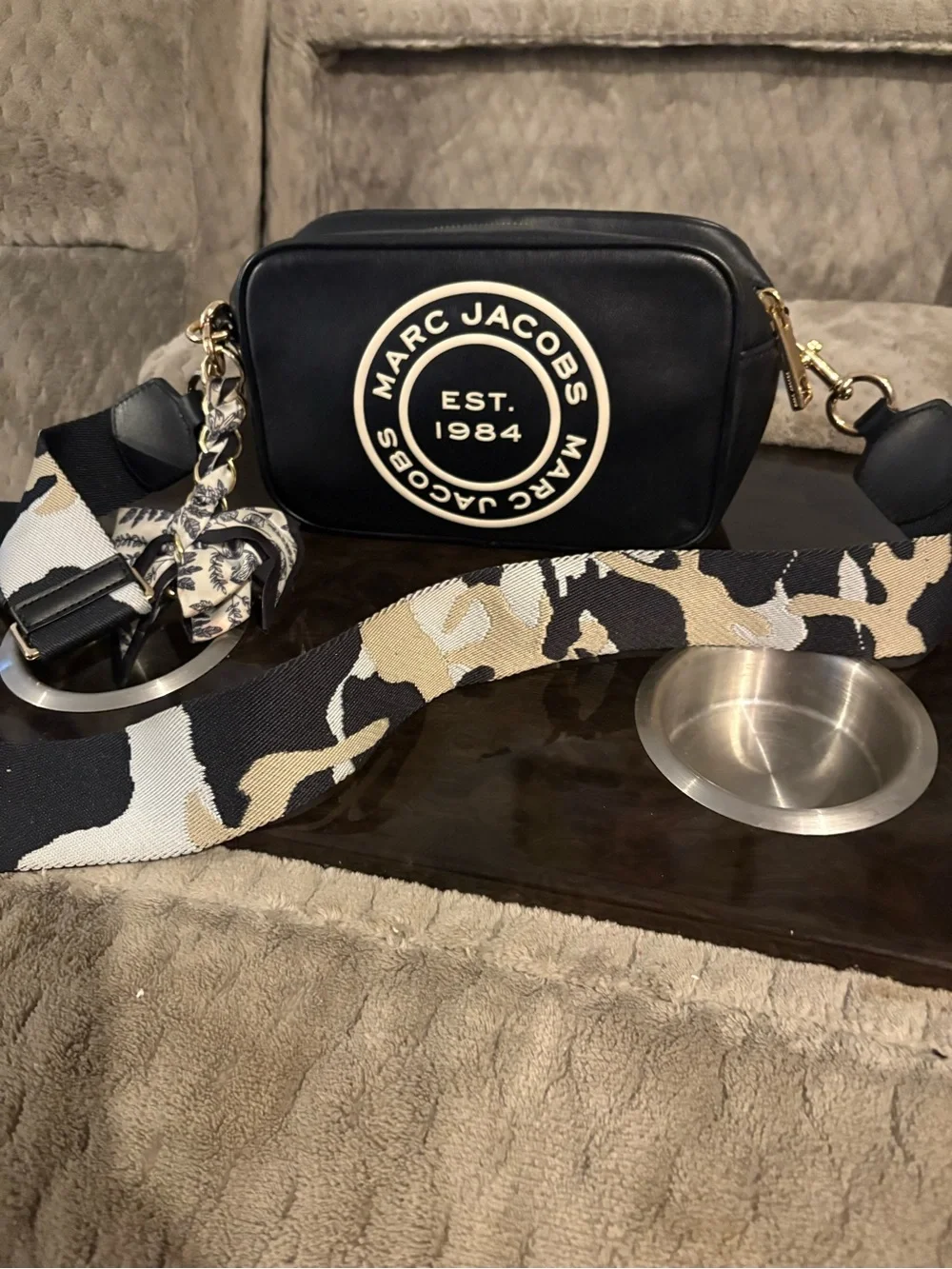 Marc Jacobs Black Leather Logo Camera Bag with Gold Hardware